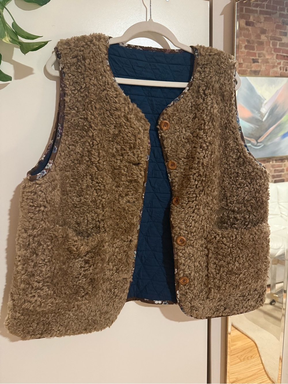 Amente Reversible Quilted-Lined Faux Sherpa Vest in Brown